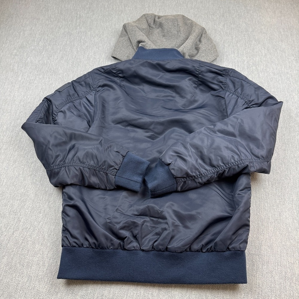 True Religion Bomber Jacket Mens Small Blue Quilted Full Zip Hooded Pockets Coat - Picture 12 of 13